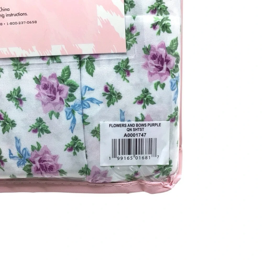 6pc Betsey Johnson Flowers & Bows Purple Print Shabby Chic Queen Sheet Set